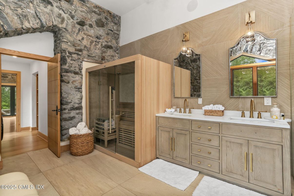 Bathroom, Dual Sink Vanities, Glass Shower, Interior, Wood Texture Flooring