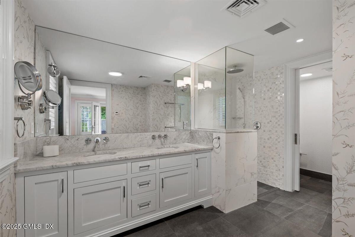 Bathroom, Dual Sink Vanities, Glass Shower, Interior, Marble Walls, Recessed Lighting