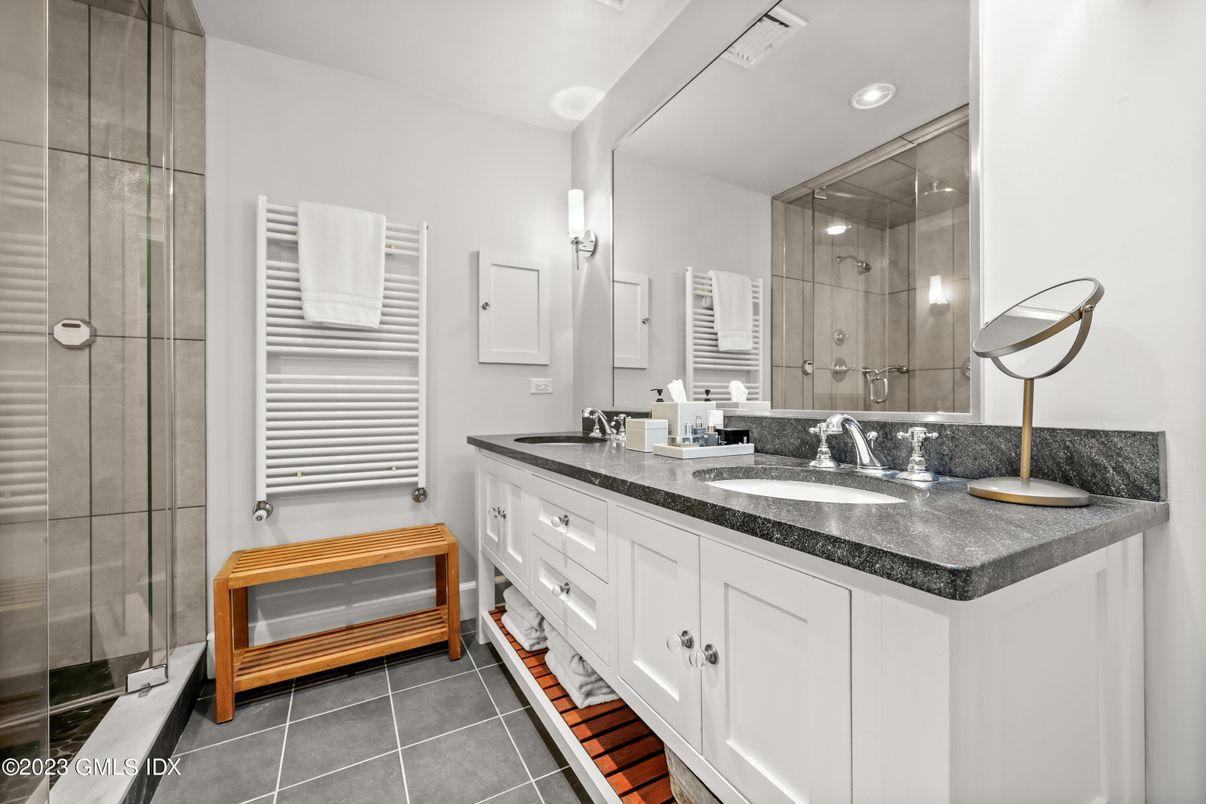 Bathroom, Dual Sink Vanities, Glass Shower, Interior, Recessed Lighting