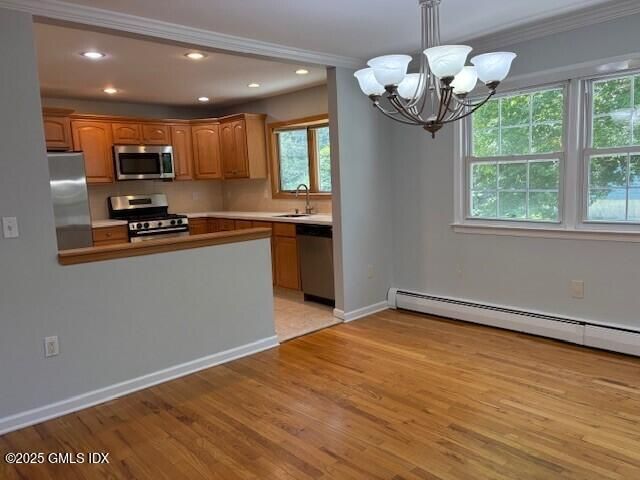Chandelier, Interior, Kitchen, Recessed Lighting, Stainless Steel Appliances, Wood Texture Flooring