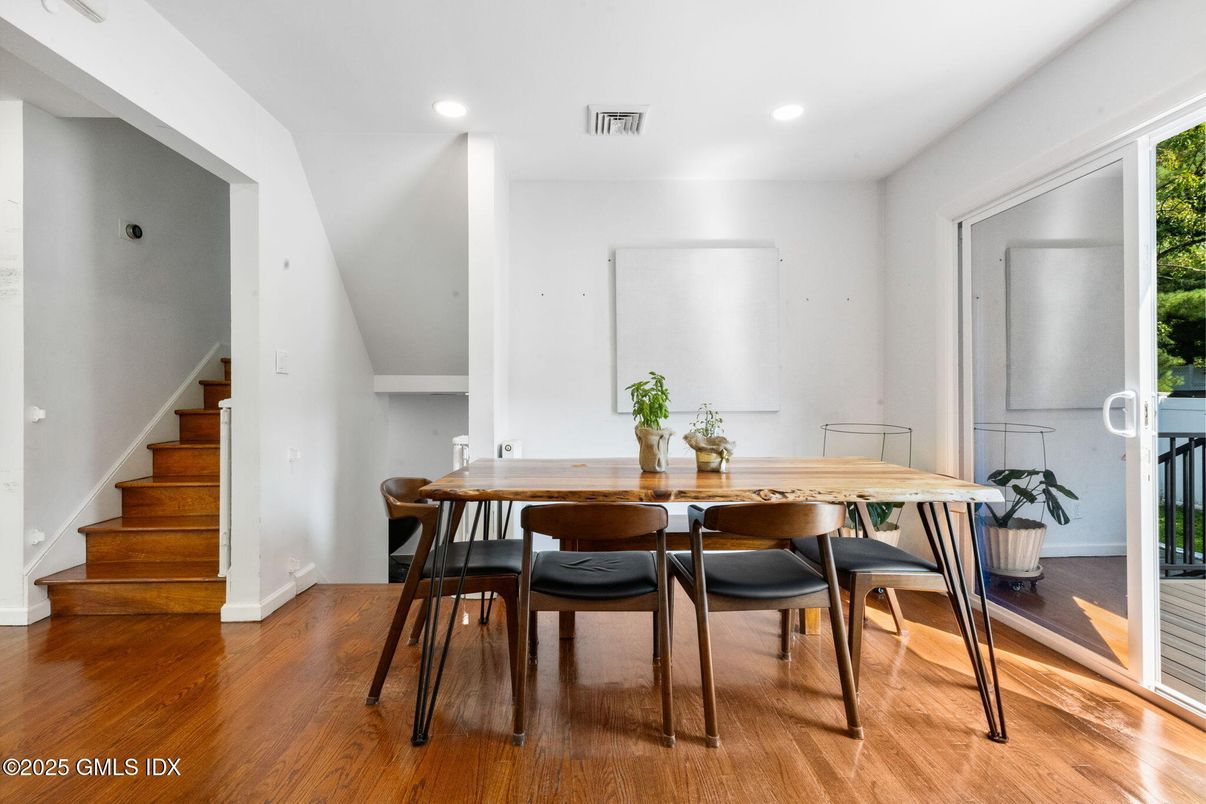Dining room, Interior, Recessed Lighting, Wood Texture Flooring
