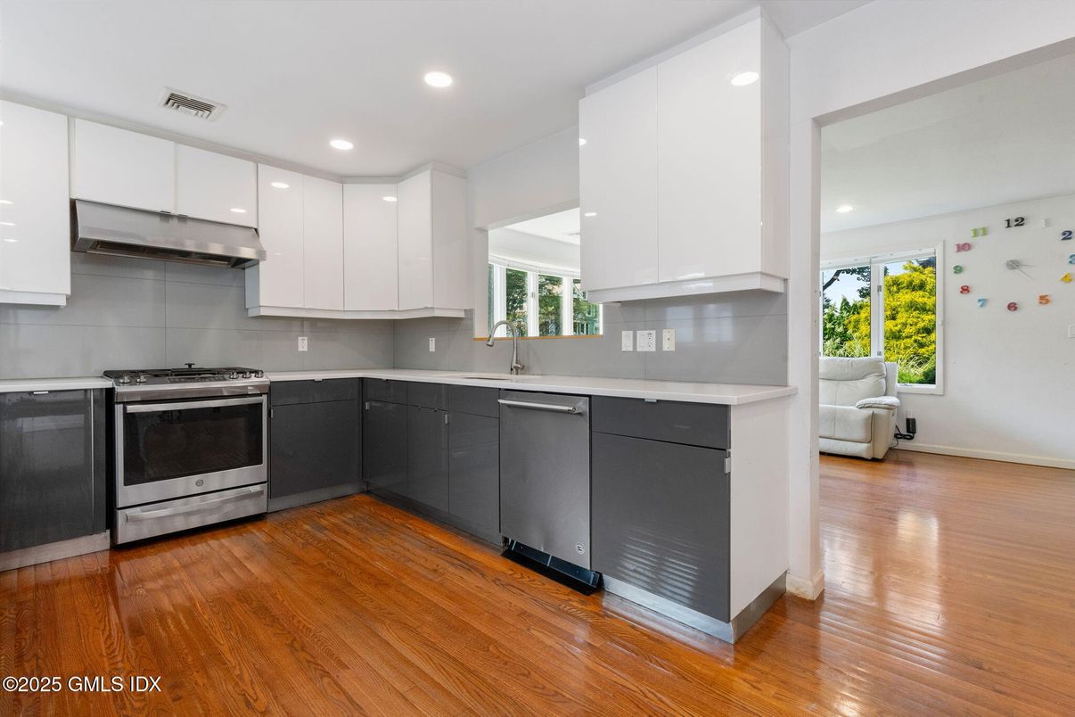 Interior, Kitchen, Recessed Lighting, Stainless Steel Appliances, Wood Texture Flooring