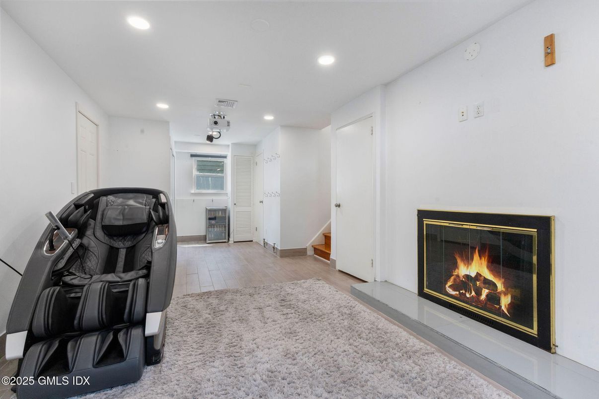 Fireplace, Interior, Recessed Lighting, Wood Texture Flooring