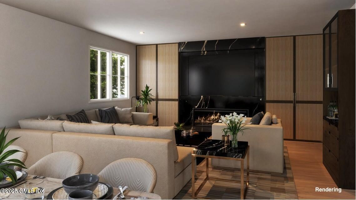 Fireplace, Interior, Living room, Recessed Lighting, Wood Texture Flooring