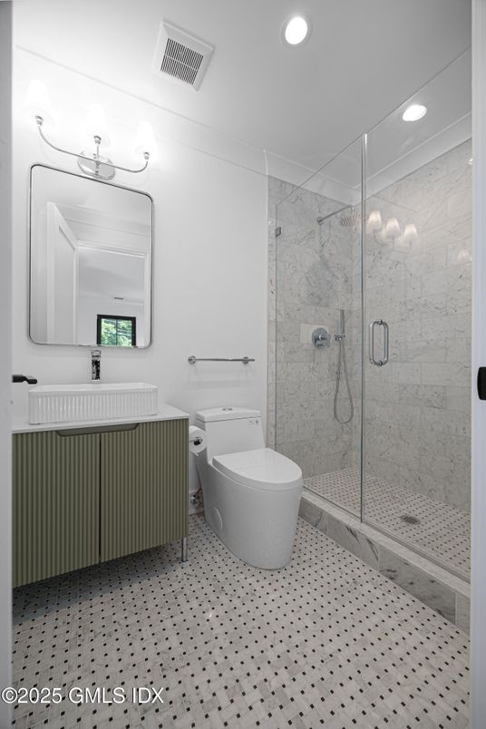 Bathroom, Glass Shower, Interior, Marble Walls, Recessed Lighting
