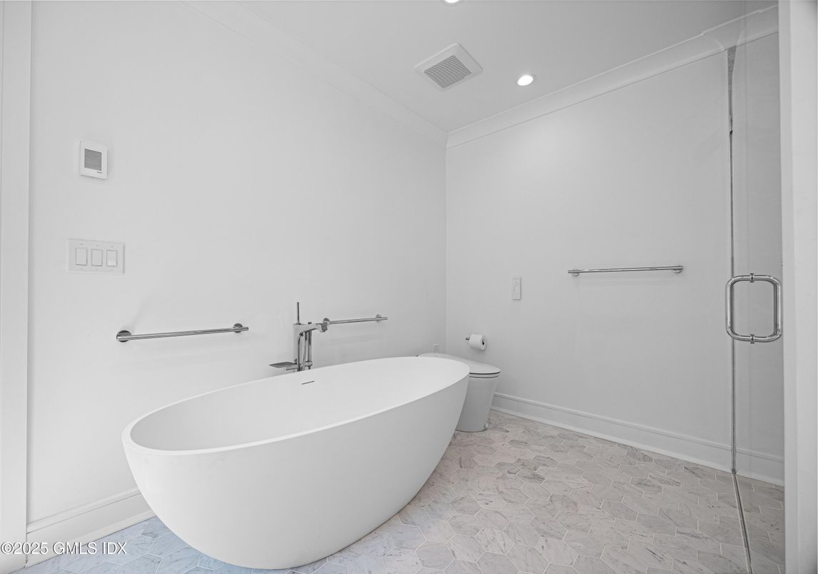 Bathroom, Free Standing Baths, Glass Shower, Interior, Recessed Lighting