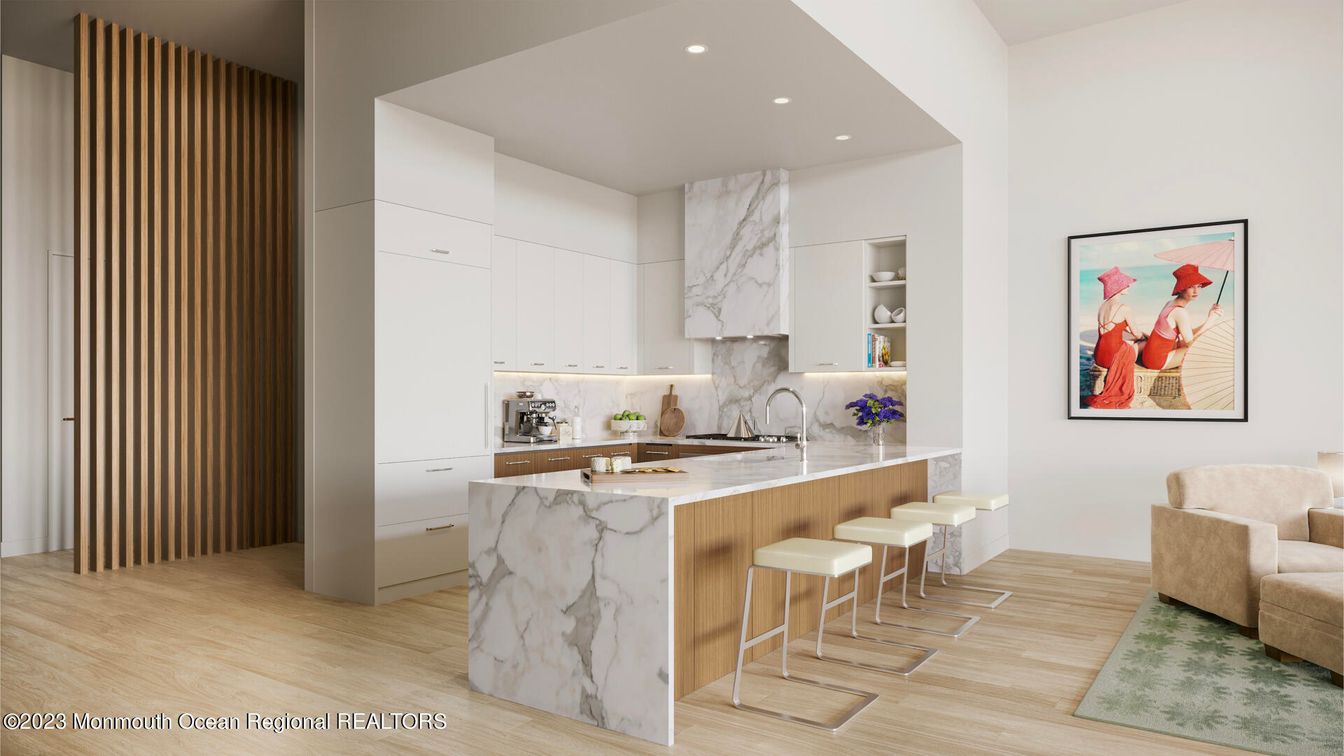Interior, Kitchen, Marble Walls, Recessed Lighting, Wood Texture Flooring