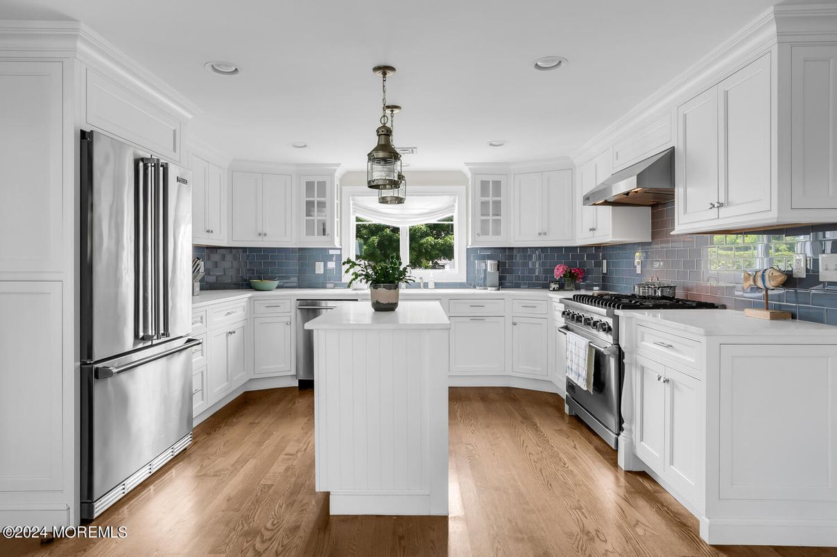 Interior, Kitchen, Pendant Lights, Recessed Lighting, Stainless Steel Appliances, Wood Texture Flooring