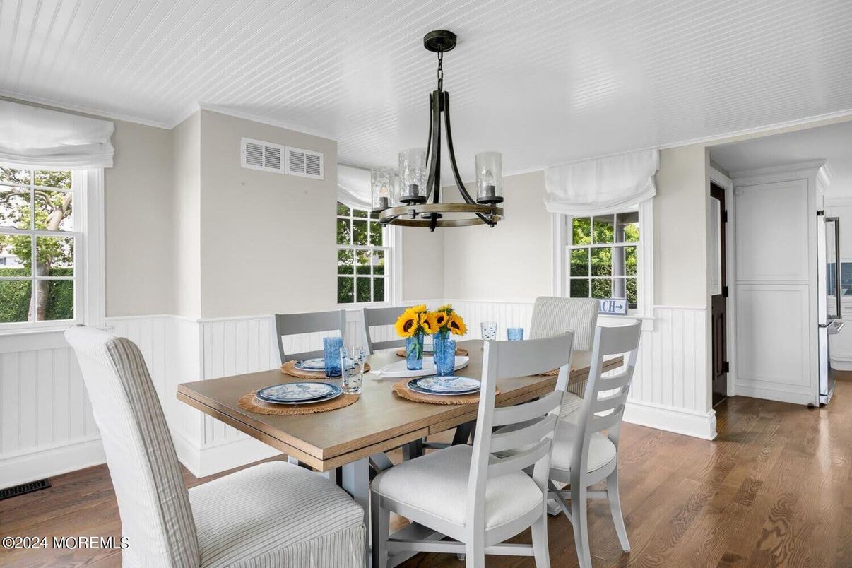 Dining room, Interior, Pendant Lights, Wood Texture Flooring