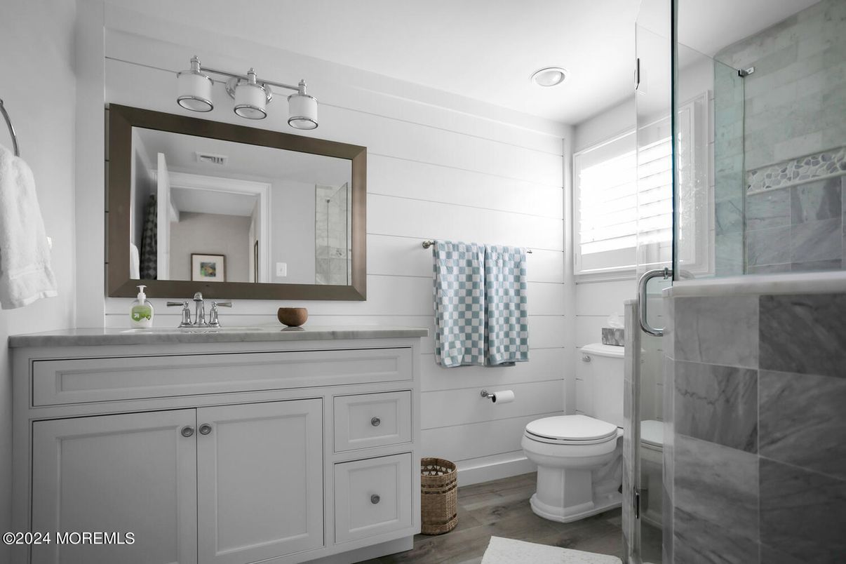 Bathroom, Glass Shower, Interior, Recessed Lighting, Wood Texture Flooring