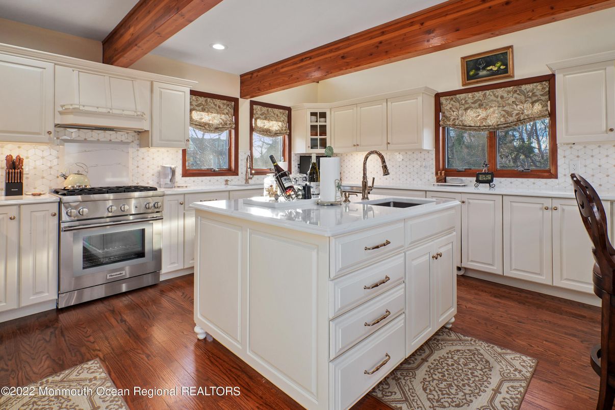 Interior, Kitchen, Recessed Lighting, Stainless Steel Appliances, Wooden Beams, Wood Texture Flooring