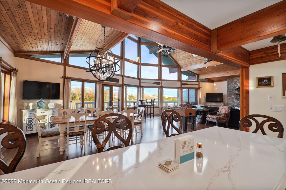 Chandelier, Dining room, Interior, Living room, Wooden Beams, Wooden Ceilings, Wood Texture Flooring