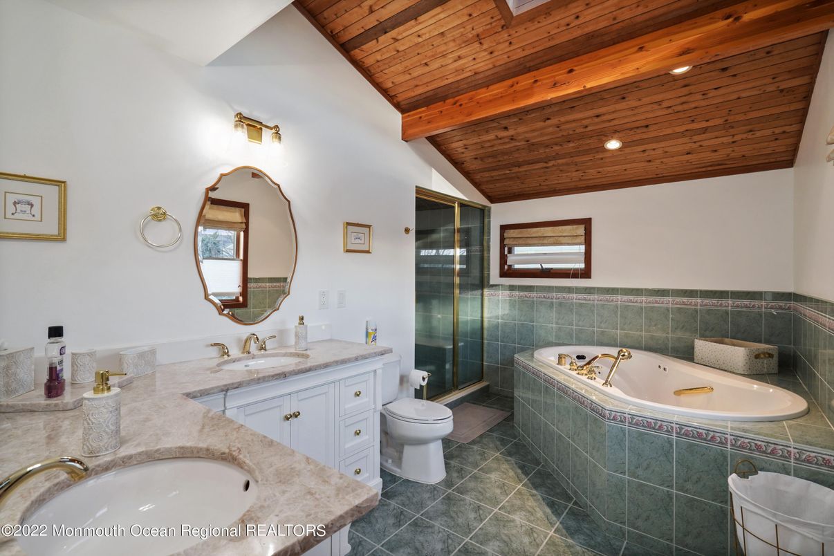 Bathroom, Dual Sink Vanities, Glass Shower, Interior, Recessed Lighting, Wooden Beams, Wooden Ceilings