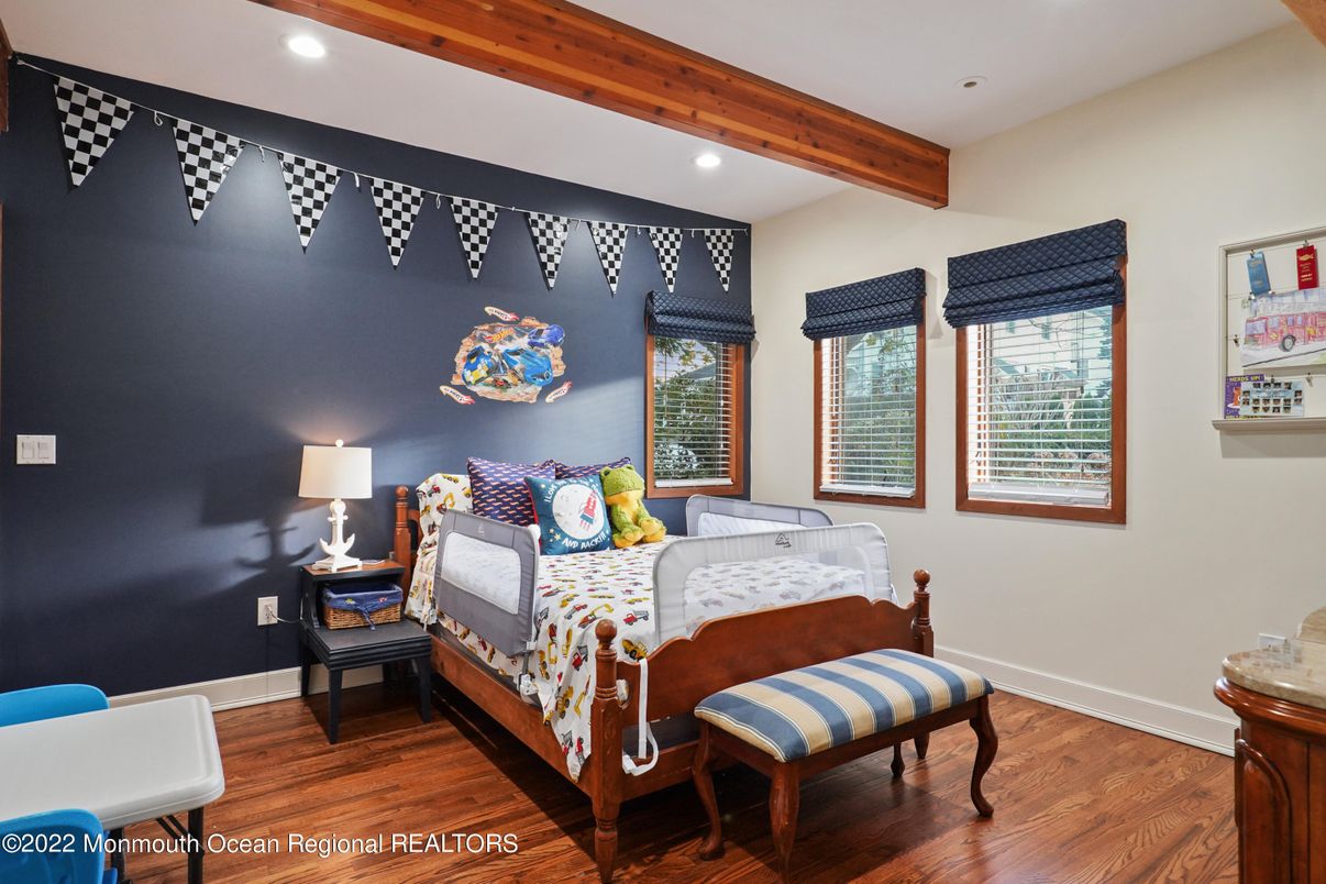 Bedroom, Interior, Recessed Lighting, Wooden Beams, Wood Texture Flooring