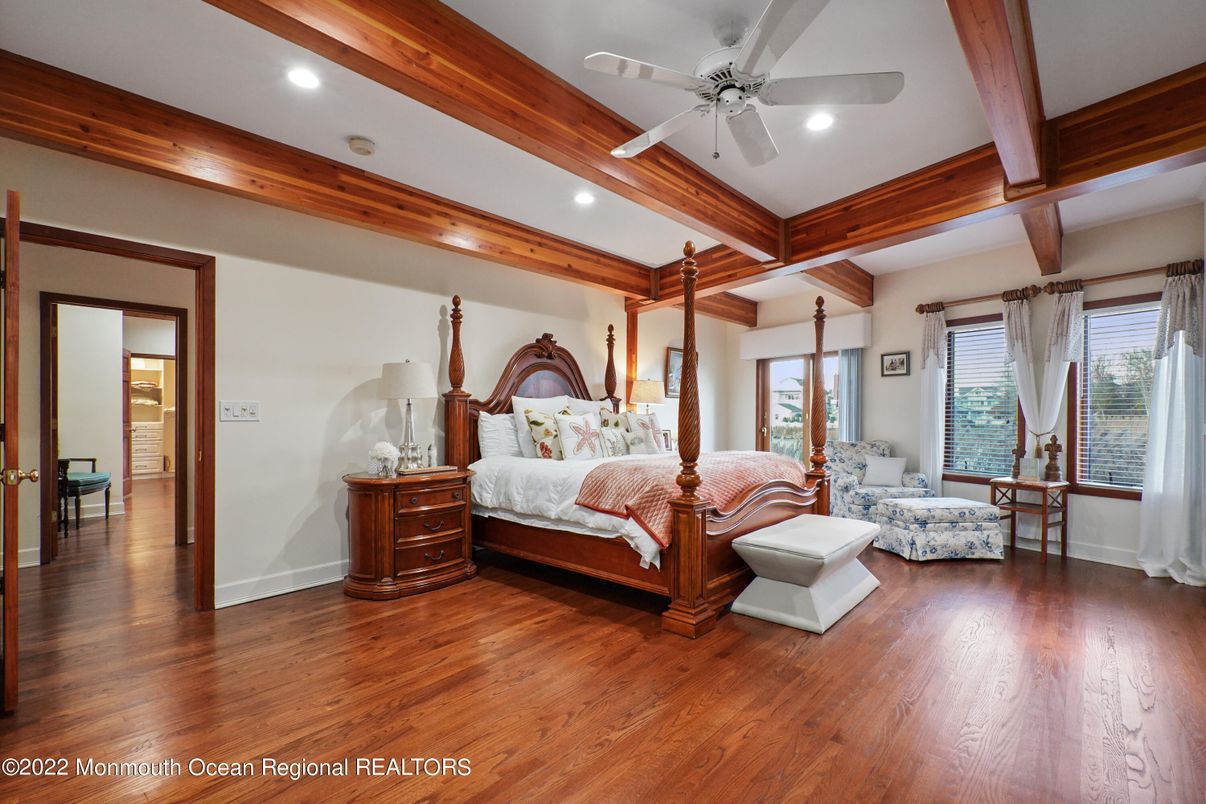 Bedroom, Interior, Recessed Lighting, Wooden Beams, Wood Texture Flooring