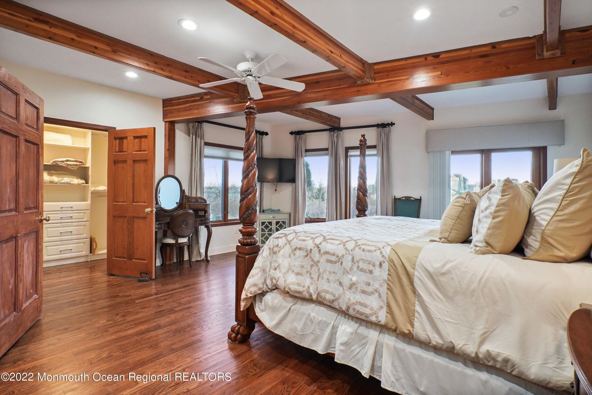 Bedroom, Interior, Recessed Lighting, Wooden Beams, Wood Texture Flooring