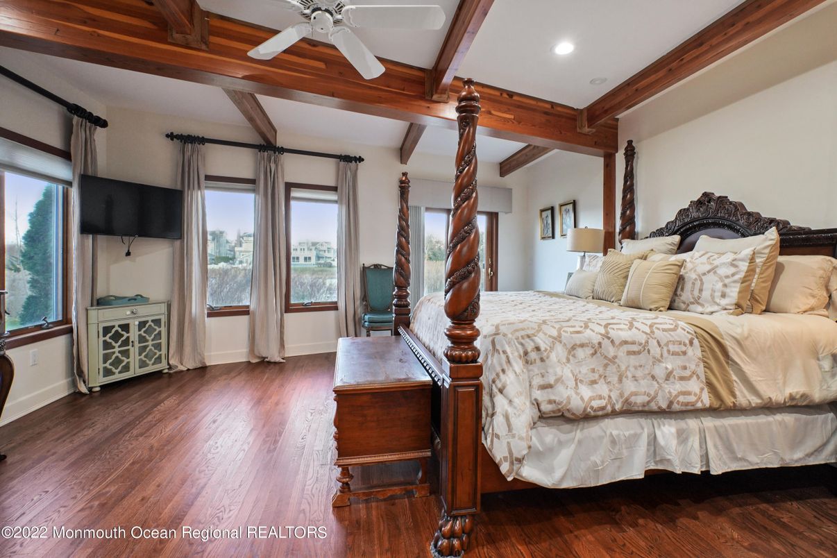 Bedroom, Interior, Recessed Lighting, Wooden Beams, Wood Texture Flooring