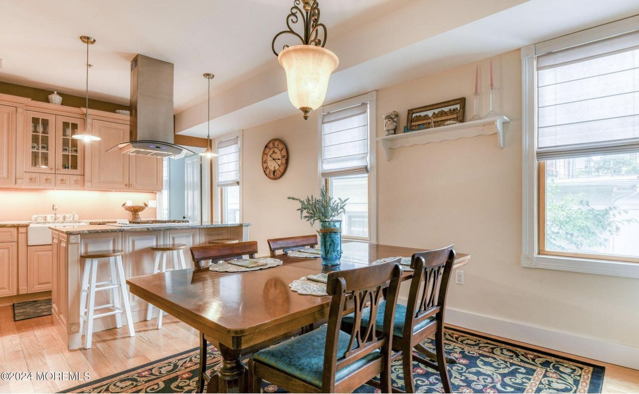 Dining room, Interior, Kitchen, Pendant Lights, Wood Texture Flooring