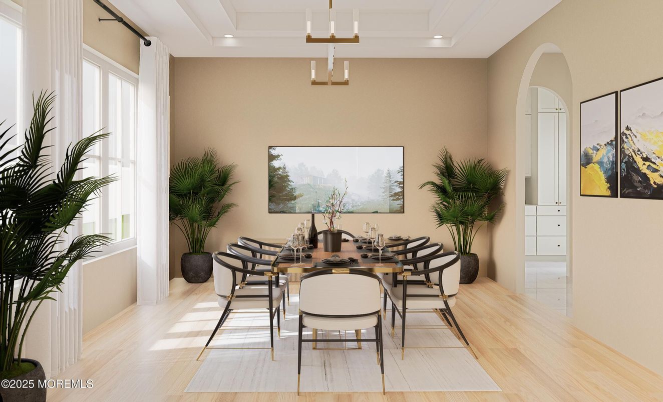 Dining room, Interior, Pendant Lights, Recessed Lighting, Wood Texture Flooring