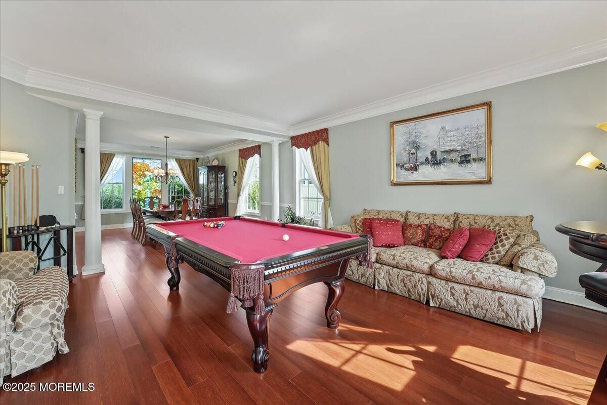 Billiard Table, Chandelier, Game Room, Interior, Pendant Lights, Wood Texture Flooring