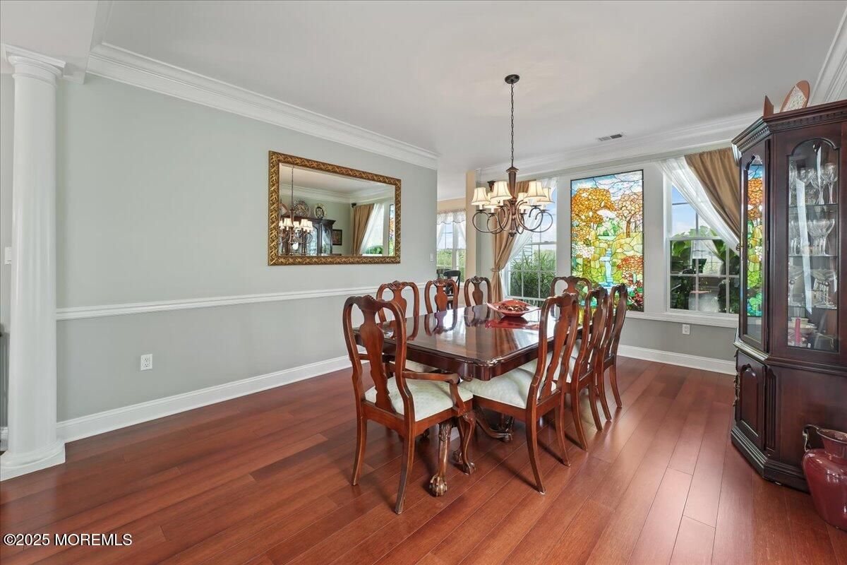 Chandelier, Dining room, Interior, Wood Texture Flooring