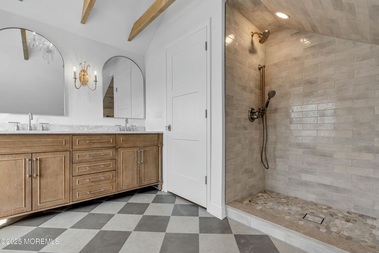 Bathroom, Dual Sink Vanities, Interior, Recessed Lighting, Wooden Beams