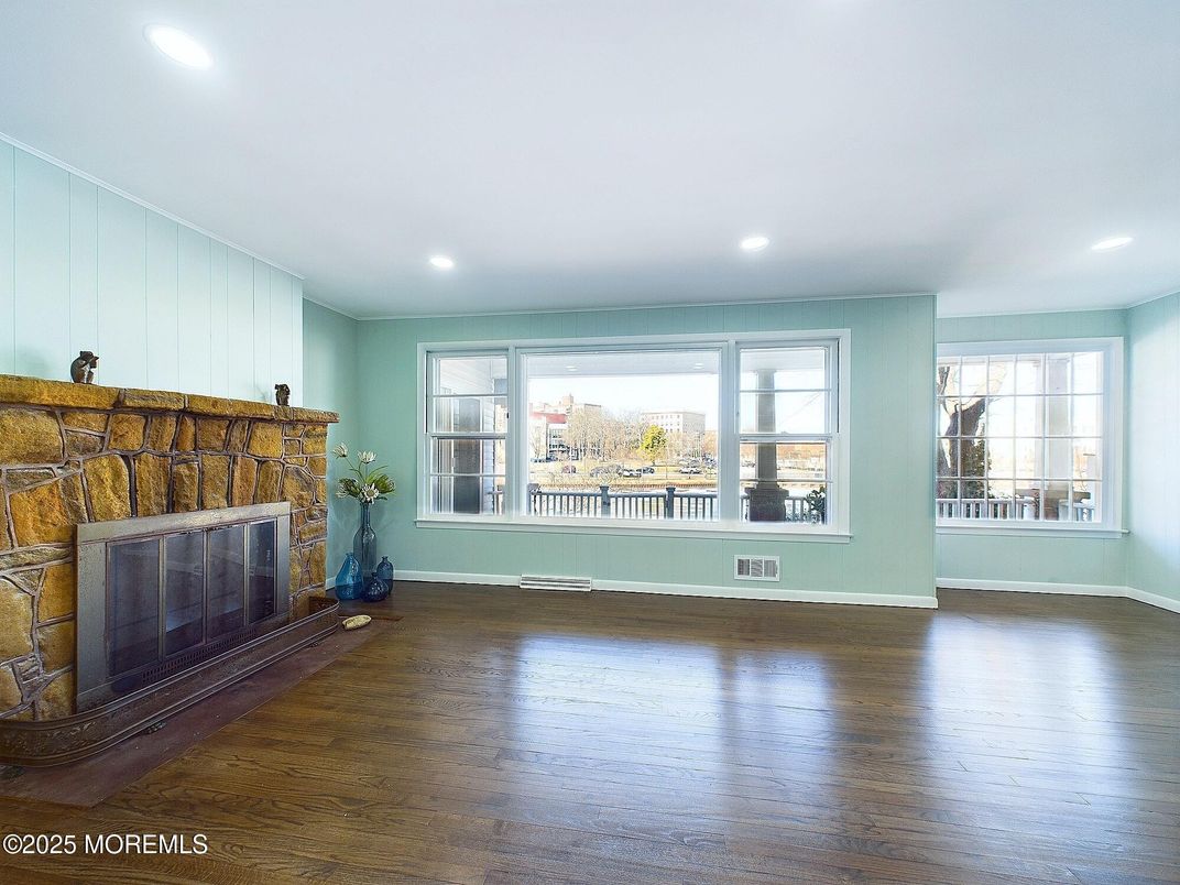 Empty room, Fireplace, Interior, Recessed Lighting, Wood Texture Flooring