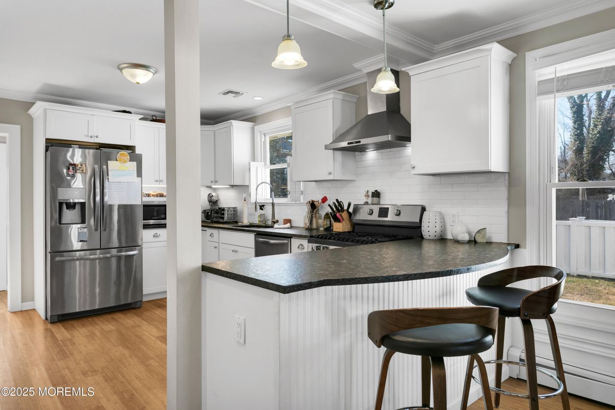 Interior, Kitchen, Pendant Lights, Recessed Lighting, Stainless Steel Appliances, Wood Texture Flooring