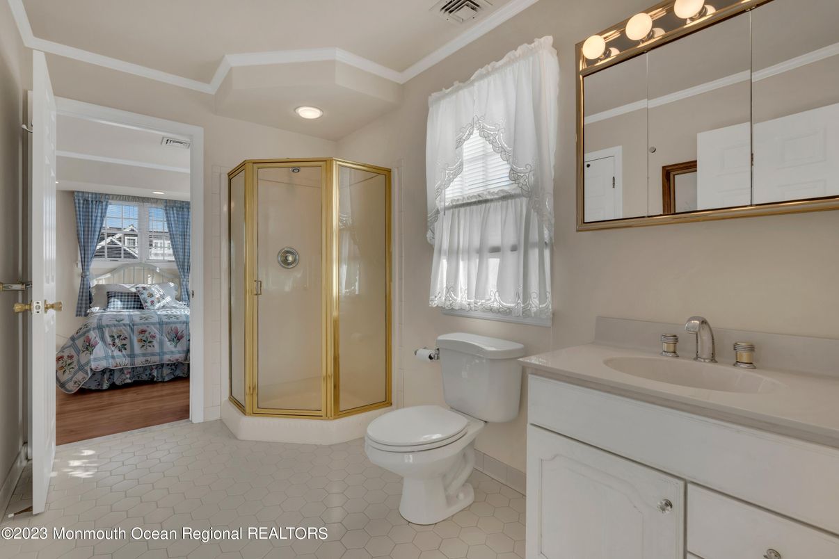 Bathroom, Glass Shower, Interior, Recessed Lighting, Wood Texture Flooring