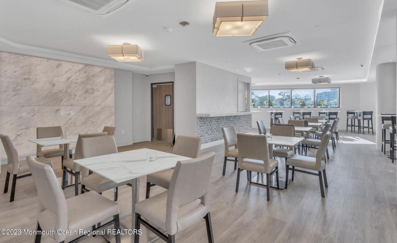 Dining room, Interior, Marble Walls, Recessed Lighting, Wood Texture Flooring