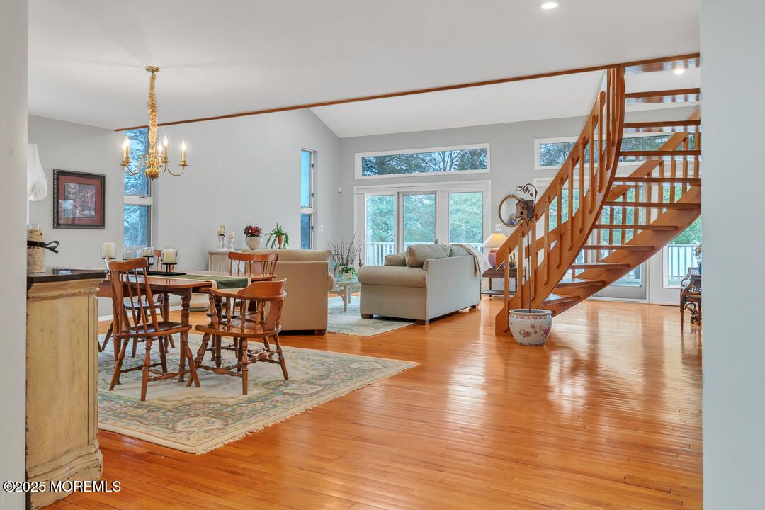 Chandelier, Dining room, Interior, Living room, Recessed Lighting, Wood Texture Flooring