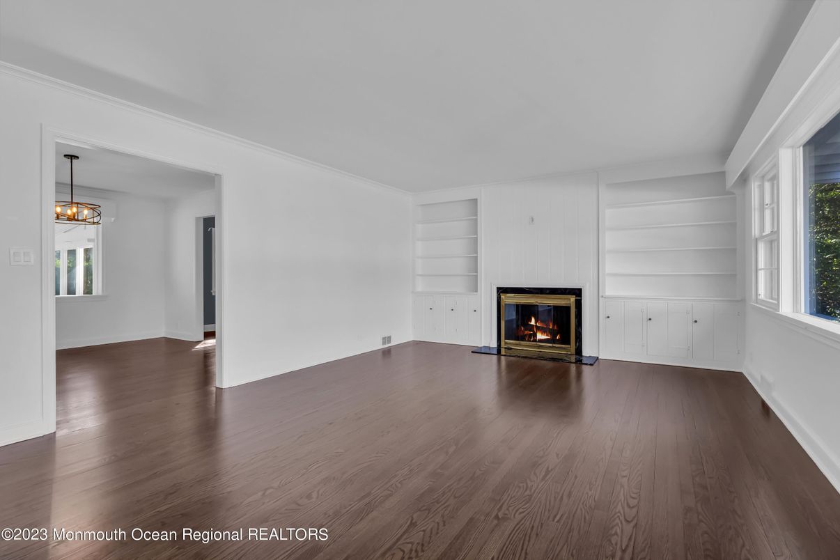 Empty room, Fireplace, Interior, Pendant Lights, Wood Texture Flooring