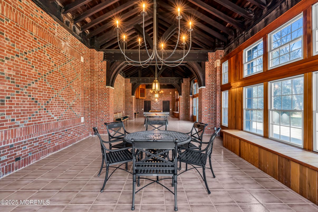 Chandelier, Dining room, Interior, Pendant Lights, Stone Walls, Wooden Beams