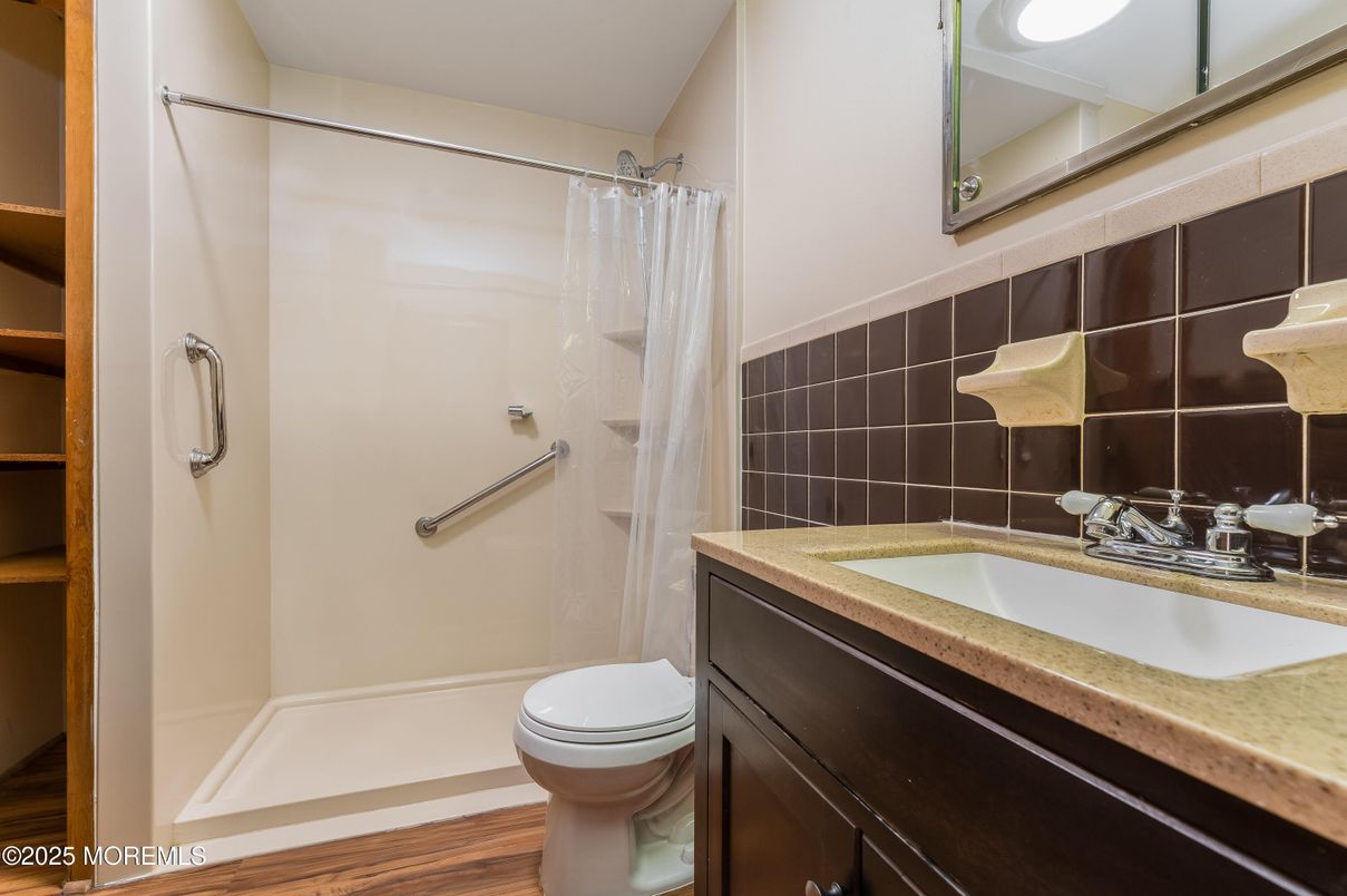 Bathroom, Glass Shower, Interior, Wood Texture Flooring