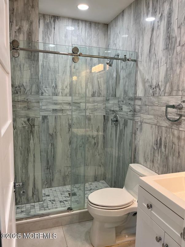 Bathroom, Glass Shower, Interior, Marble Walls, Recessed Lighting