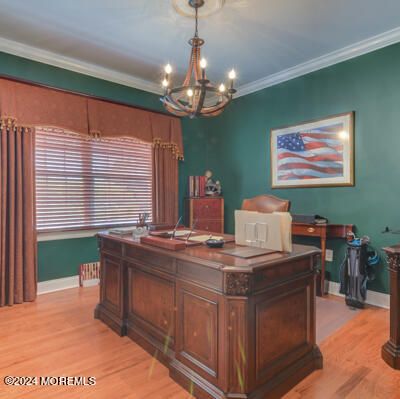 Chandelier, Home Office, Interior, Wood Texture Flooring