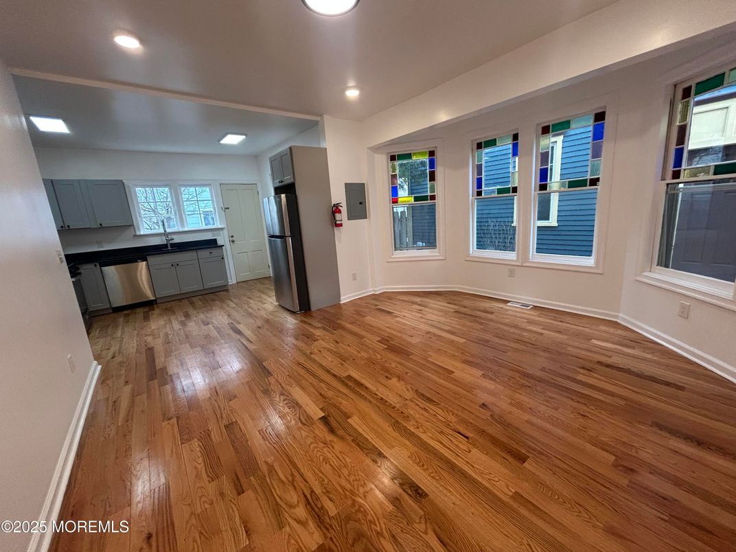 Empty room, Interior, Kitchen, Recessed Lighting, Wood Texture Flooring