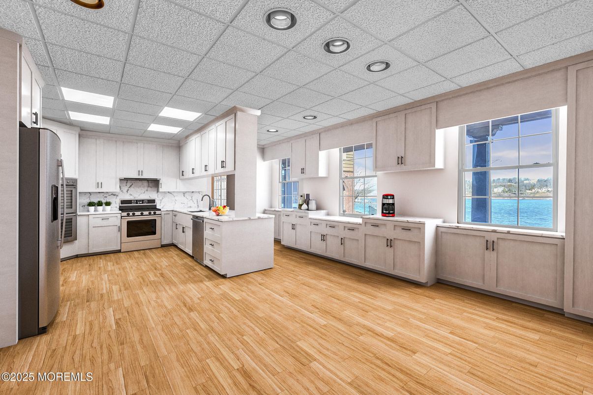 Interior, Kitchen, Recessed Lighting, Stainless Steel Appliances, Water, Wood Texture Flooring
