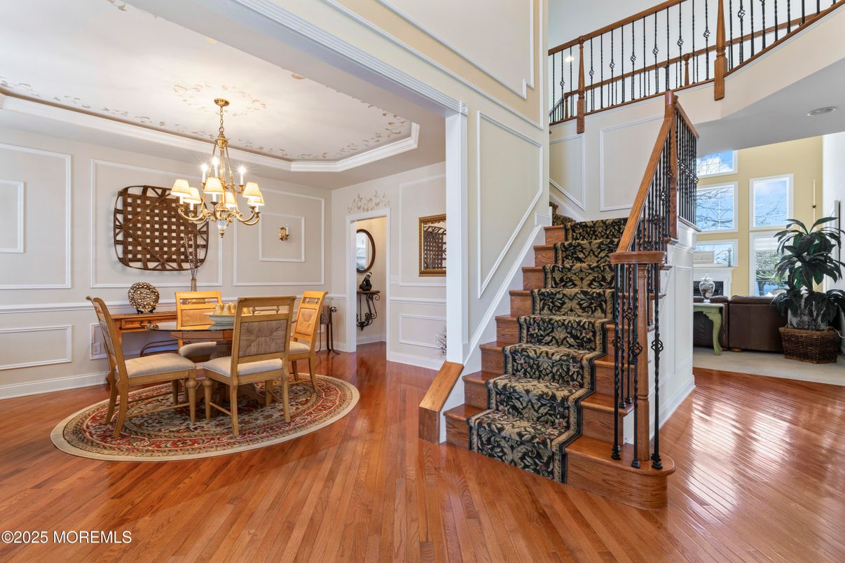 Chandelier, Dining room, Interior, Wood Texture Flooring