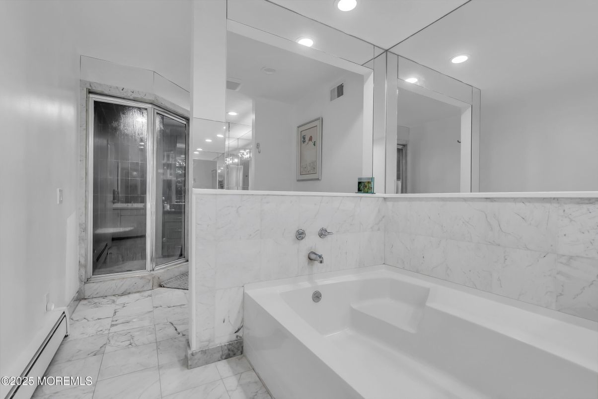 Bathroom, Glass Shower, Interior, Marble, Marble Walls, Recessed Lighting