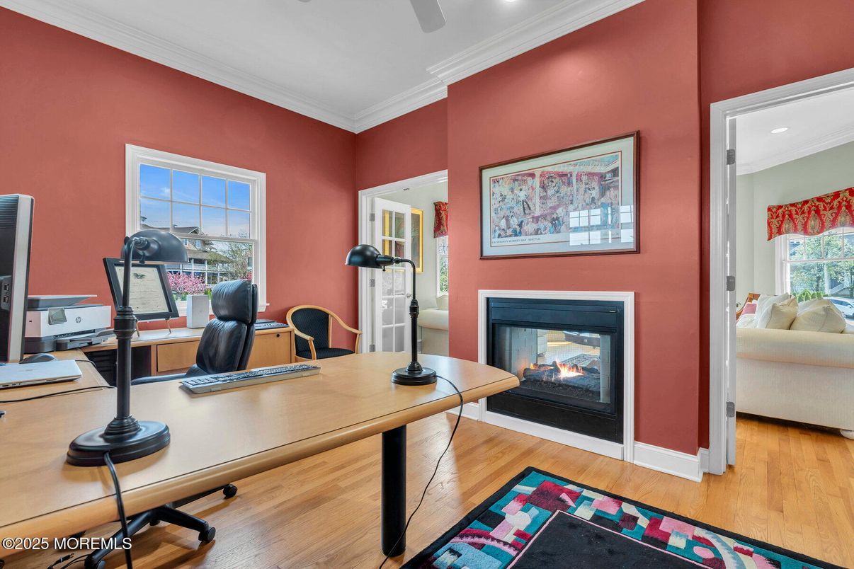 Fireplace, Home Office, Interior, Recessed Lighting, Wood Texture Flooring