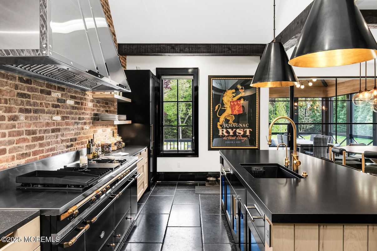 Interior, Kitchen, Pendant Lights, Stainless Steel Appliances, Stone Walls