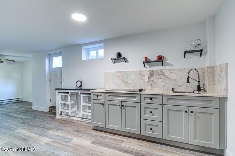 Interior, Kitchen, Marble Walls, Recessed Lighting, Wood Texture Flooring