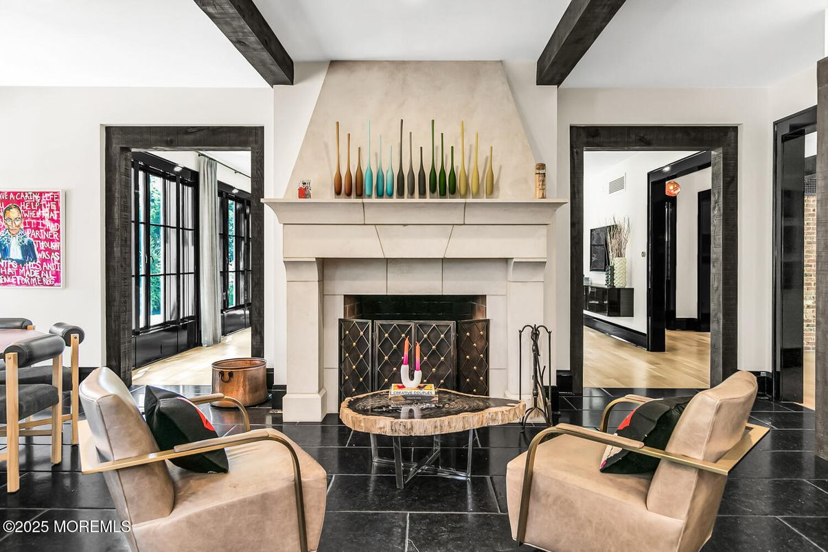 Fireplace, Interior, Recessed Lighting, Wooden Beams, Wood Texture Flooring