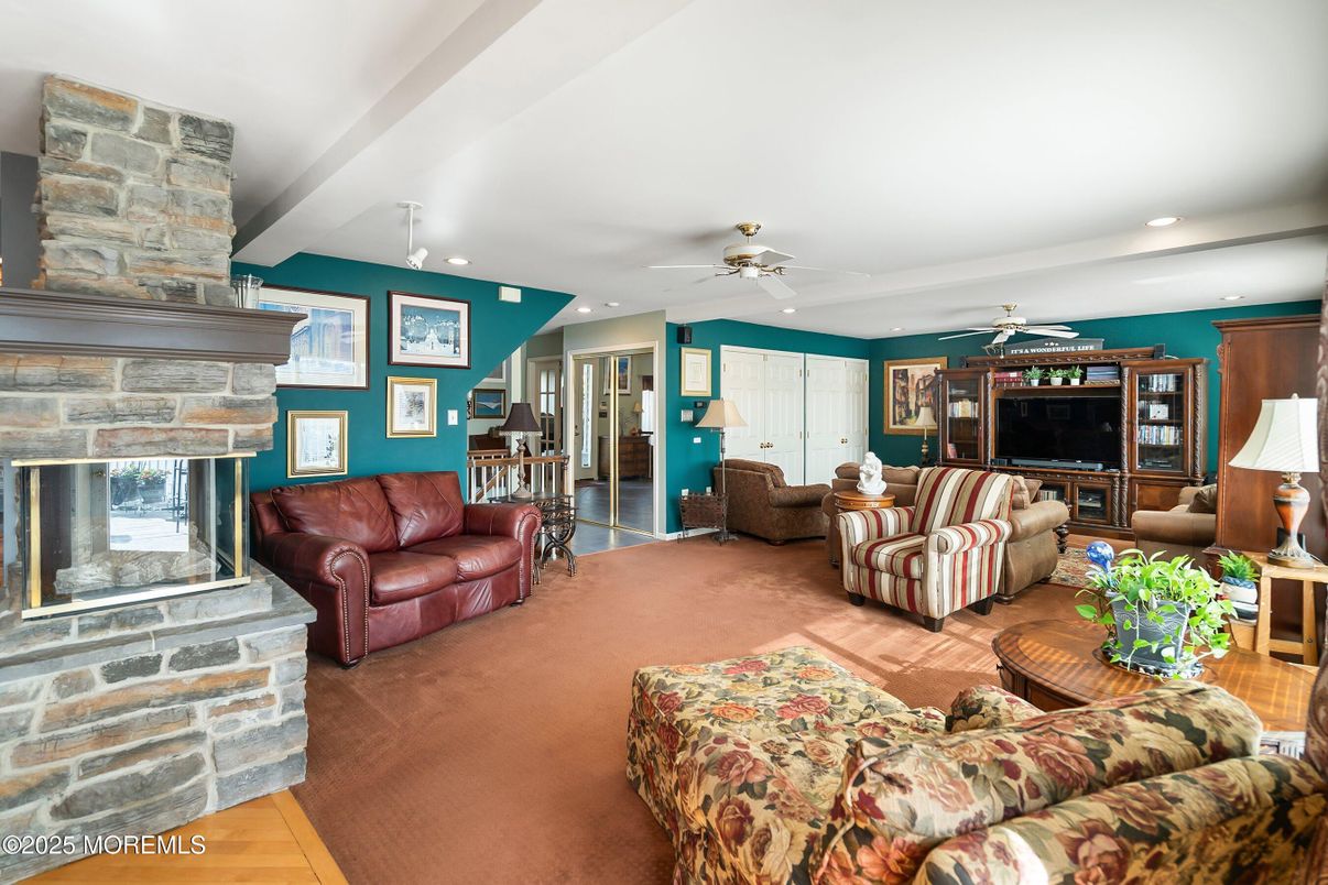 Fireplace, Interior, Living room, Recessed Lighting, Stone Walls