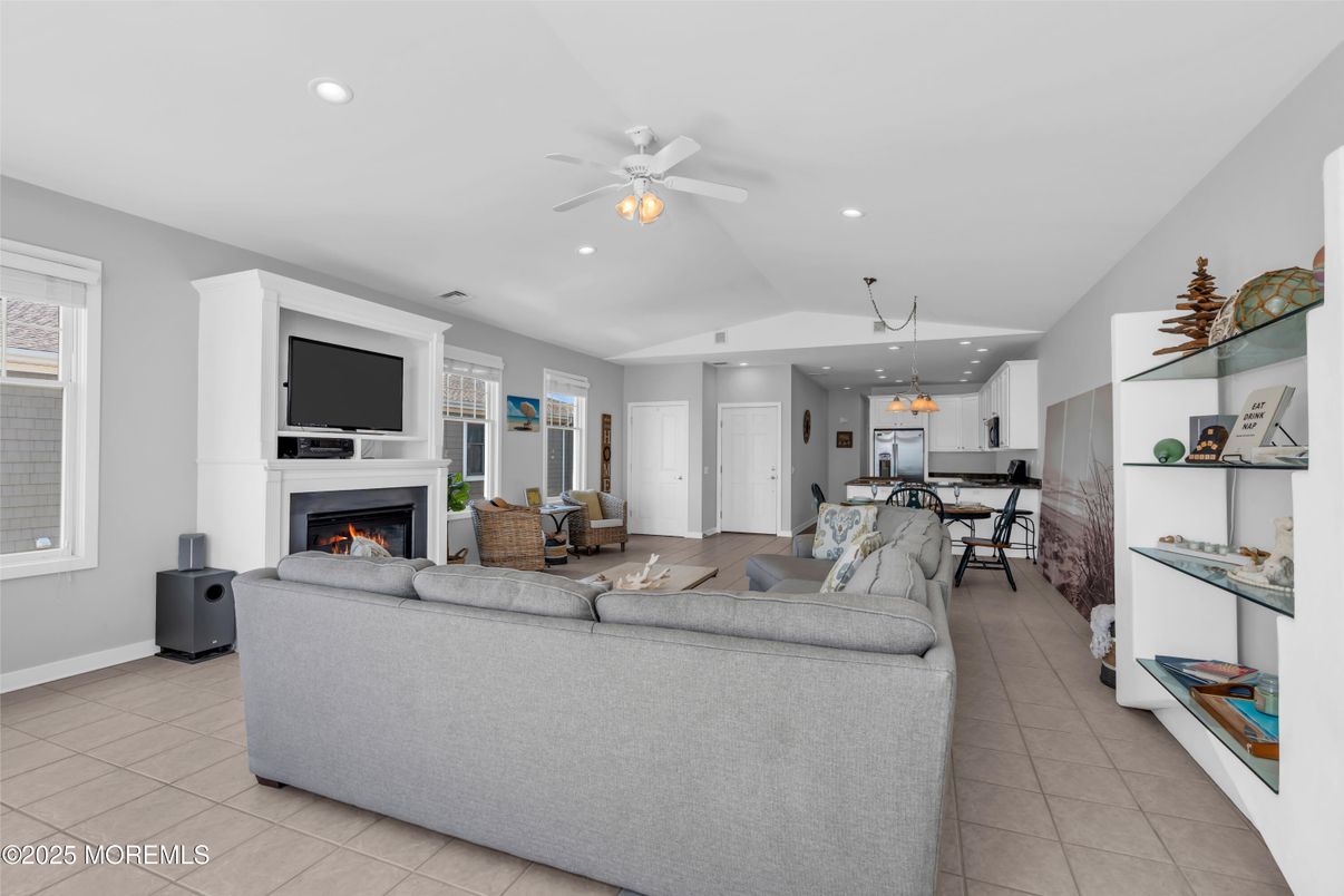 Fireplace, Interior, Kitchen, Living room, Pendant Lights, Recessed Lighting
