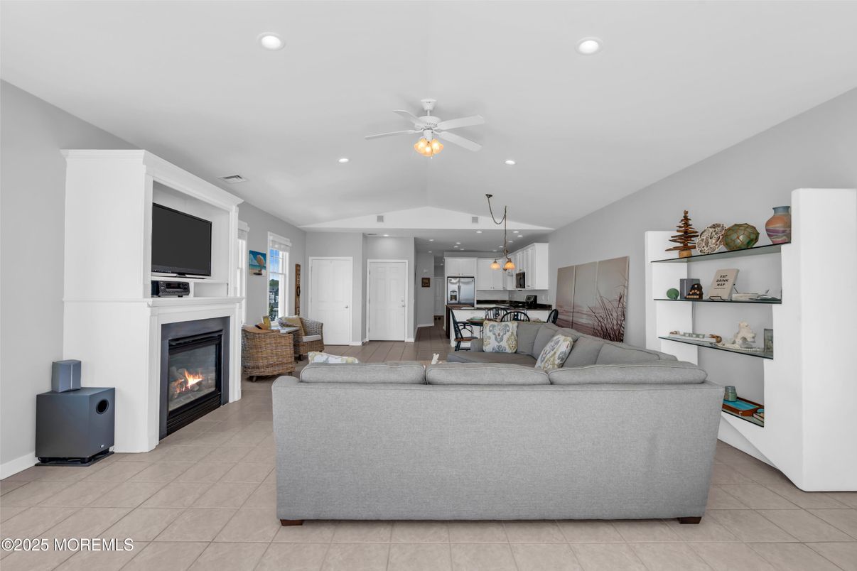 Dining room, Fireplace, Interior, Kitchen, Living room, Pendant Lights, Recessed Lighting