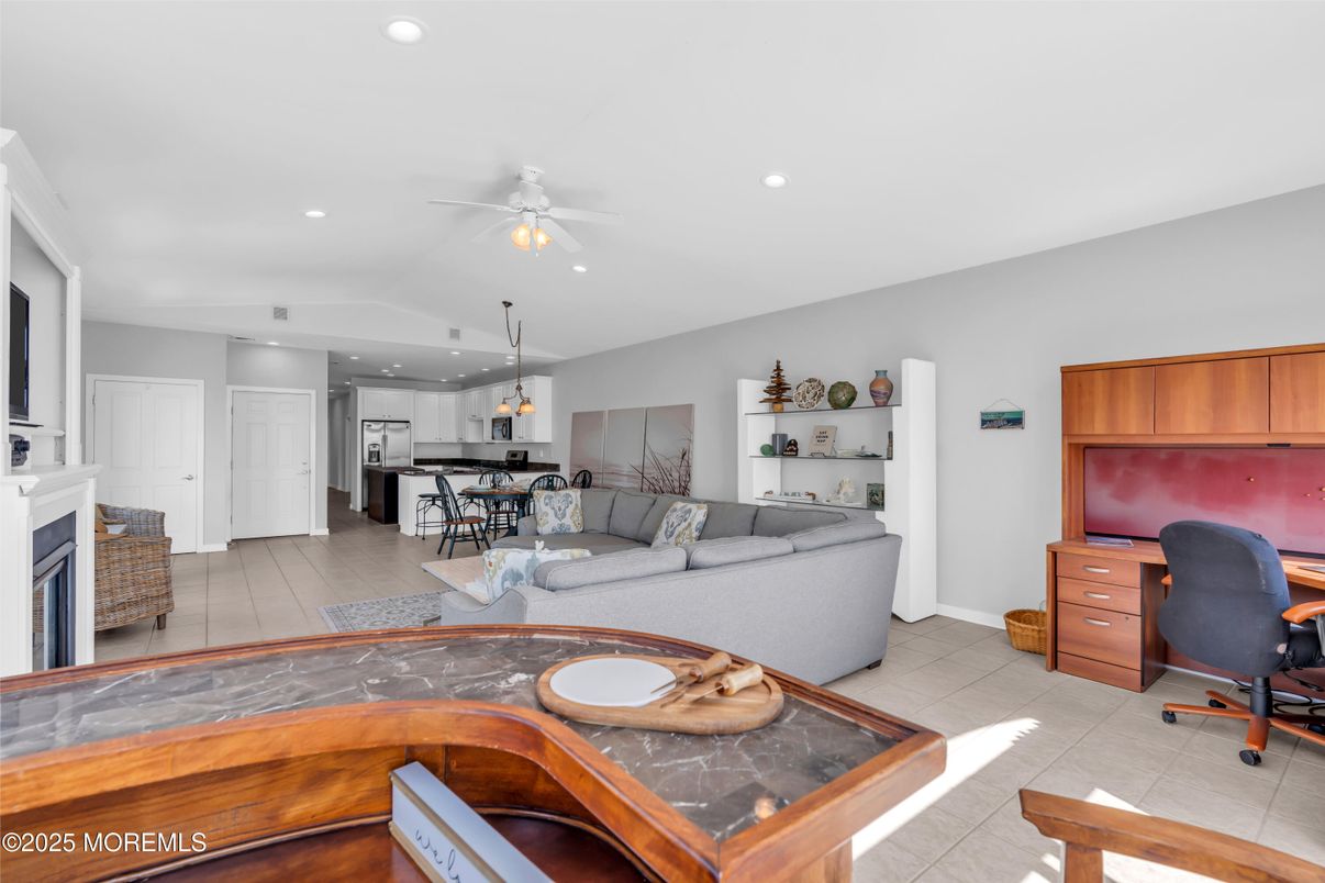 Dining room, Fireplace, Interior, Kitchen, Living room, Pendant Lights, Recessed Lighting