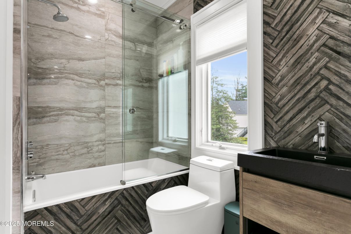 Bathroom, Glass Shower, Interior, Marble Walls, Wood Texture Flooring