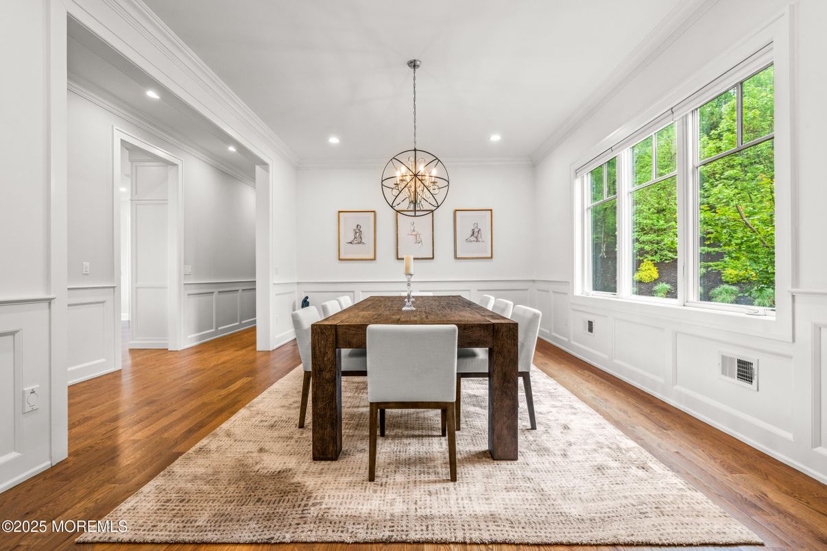 Dining room, Interior, Pendant Lights, Recessed Lighting, Wood Texture Flooring